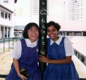 School - Convent school uniforms with one of my best friends, Grace. We are still good friends today.